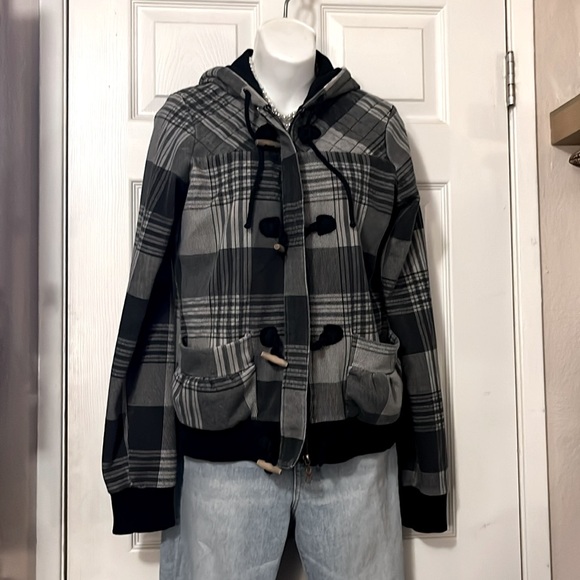 Billabong Jackets & Blazers - Vintage Billabong Plaid Stretchy Bomber Hoodie Jacket Sz L